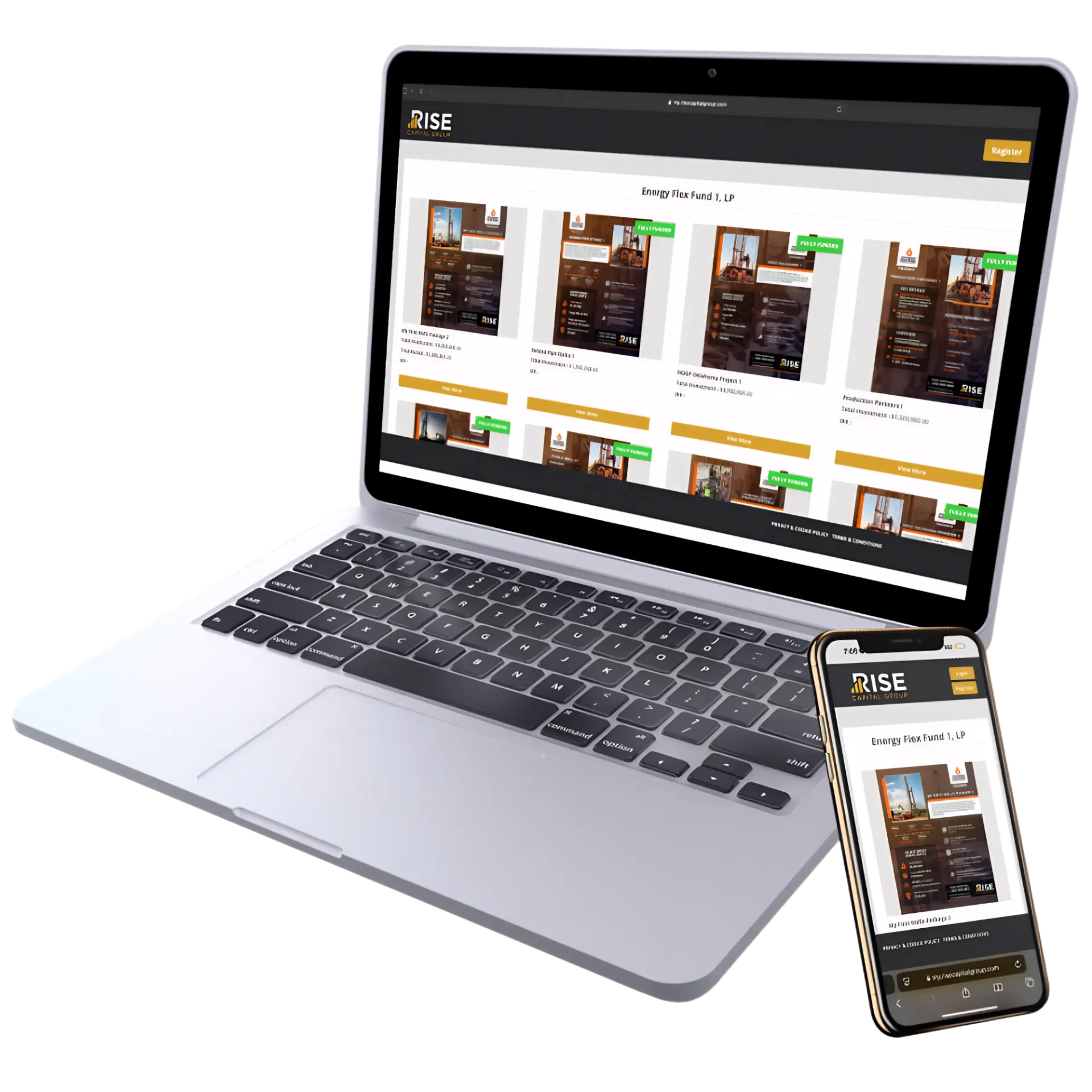Rise Capital Group partner portal shown on a laptop and mobile phone