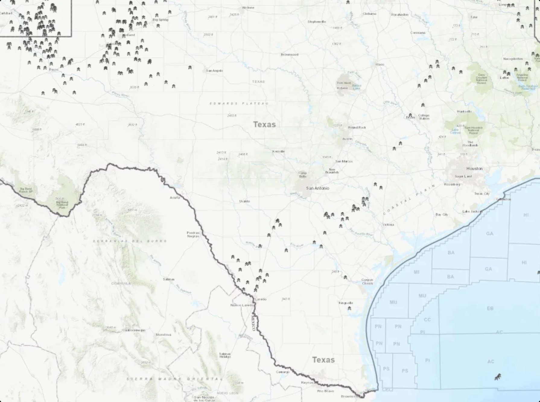 Map of Texas showing active rigs concentrated in Eagle Ford and Permian
