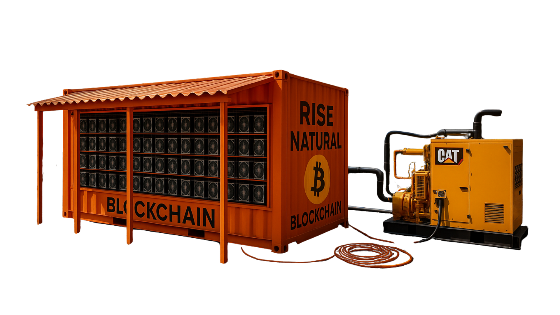 Rise Natural Blockchain mining container connected to a CAT natural gas generator